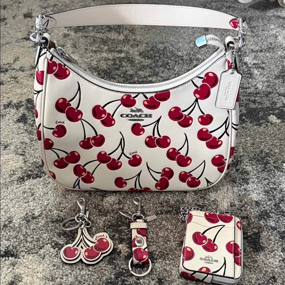 Coach Cherry Print Shoulder Bag in White and Red